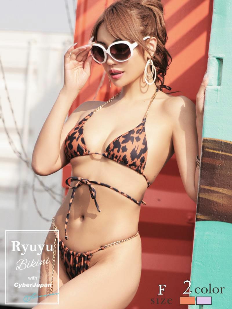 水着 カラーレオパードデザインインポートレディース三角ビキニ【Ryuyu】