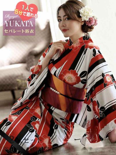 浴衣 鮮やか赤色 白地に椿柄セパレートレディース浴衣【Ryuyu/リューユ】(フリーサイズ)(レッド)