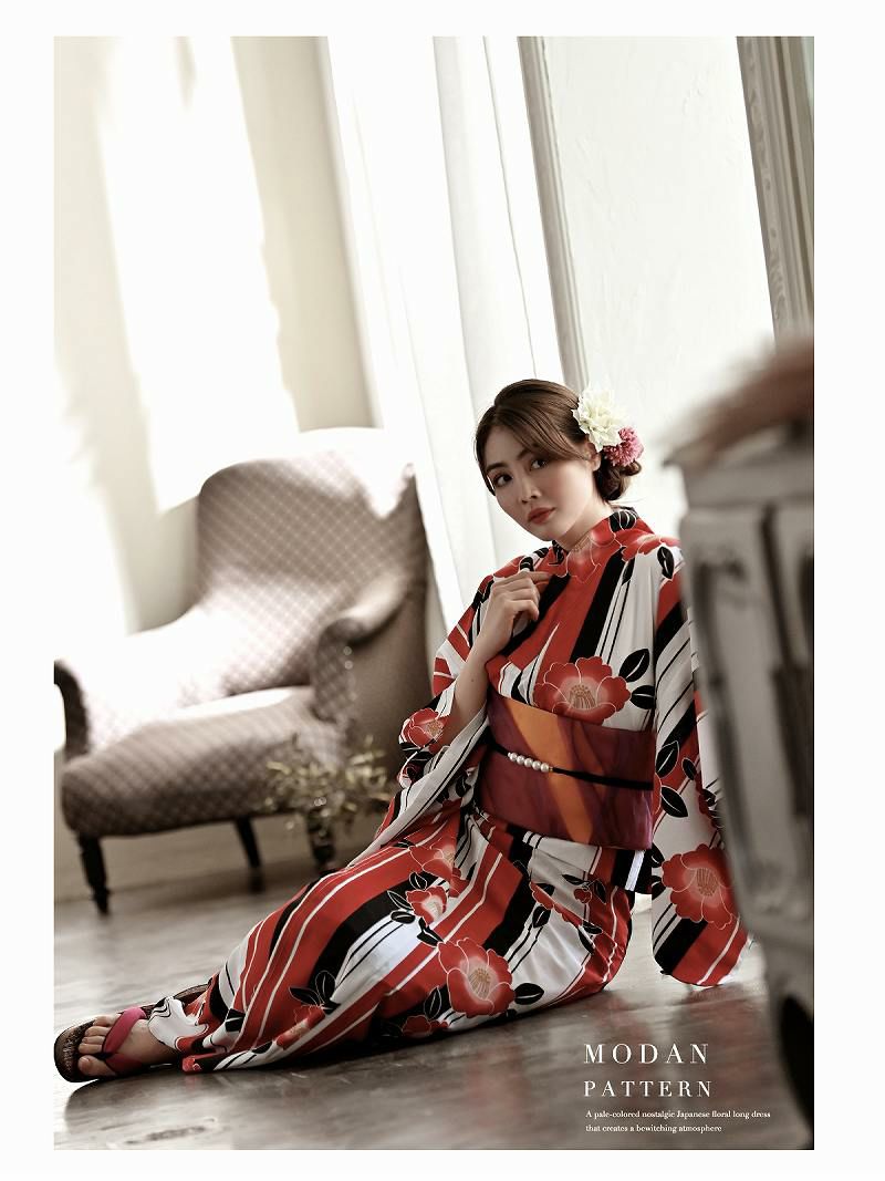 【即納】鮮やか赤色 白地に椿柄セパレートレディース浴衣【Ryuyu/リューユ】