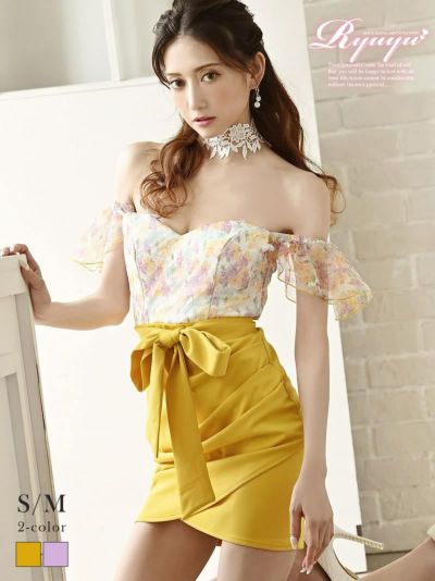 花柄デザインオフショルダーカラーキャバドレス 加賀美早紀 着用 ミニドレス【Ryuyu】(S/M)(イエロー/パープル)