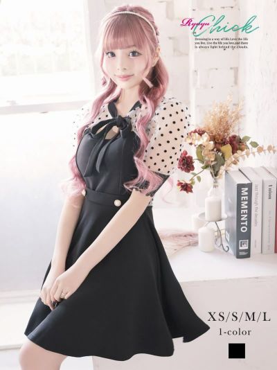 甘可愛cuteドット柄切り替えフレアーキャバワンピース あいさ 着用 韓国ドレス【RyuyuChick】(XS/S/M/L)(ブラック)