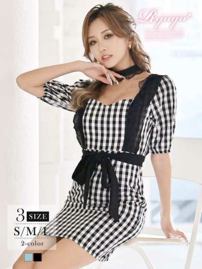 袖ありチェック柄韓国風キャバクラドレス れいたぴ れいぽよ 着用 ミニドレス【Ryuyu】(S/M/L)(ブラック/ブルー)【サイズ別SALE!】