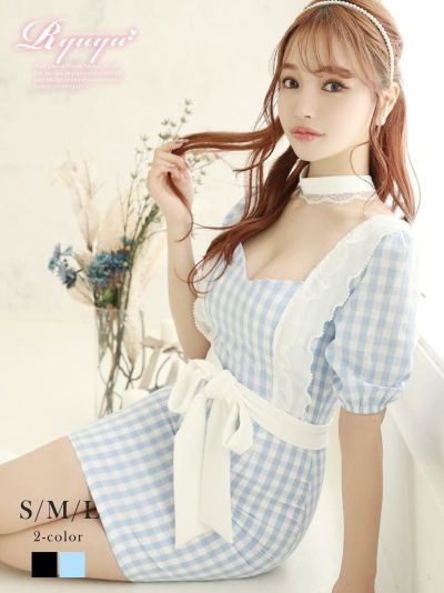 ギンガムチェック柄袖付き谷間魅せキャバクラドレス ミニドレス【Ryuyu】(S/M/L)(ブラック/ブルー)【サイズ別SALE!】
