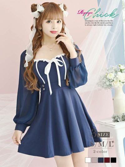 ゾロ目SALE￥3828→￥2555！ 袖付きフレアシルエットリボンキャバドレス あいさ 着用 キャバワンピース【RyuyuChick】(S/M/L)(ホワイト/ブラック/ネイビー/ワイン/ピンク)