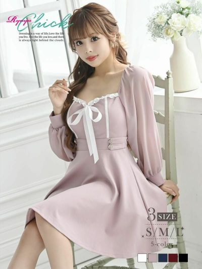 ゾロ目SALE￥3828→￥2555！ フレアシルエット長袖リボンキャバドレス 着用 キャバワンピース【RyuyuChick】(S/M/L)(ホワイト/ブラック/ネイビー/ワイン/ピンク)