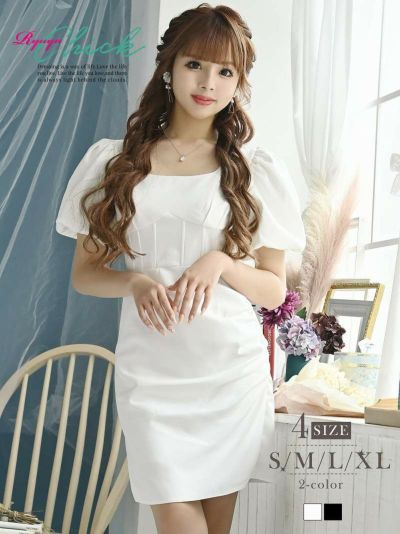 【5月入荷予定】パフスリーブ袖シンプルタイトキャバドレス あいさ 着用 ミニドレス【RyuyuChick】(S/M/L/XL)(ブラック/ホワイト)