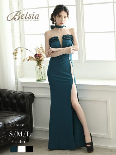 カッティングデザインシアータイトロングドレス 加賀美早紀 着用 キャバドレス【Belsia】(S/M/L)(グリーン/ブラック/ホワイト)