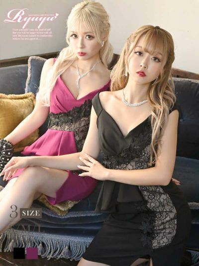 ブラックレースペプラムタイトバイカラーキャバドレス ゆずは みりちゃむ 着用 ミニドレス【Ryuyu】(S/M/L)(ブラック/バーガンディ)