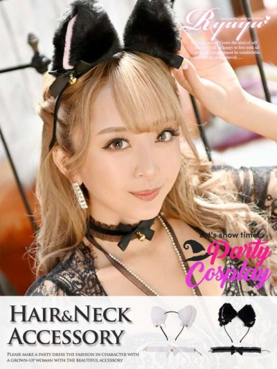 ハロウィンコスプレ お手軽キャットコスプレカチューシャ＆チョーカーコスプレ小物【Ryuyu】(フリーサイズ)(ホワイト/ブラック)