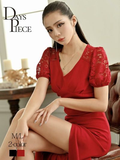 ゾロ目SALE￥6980→￥3555！ 韓国風レース袖付きスリットキャバロングドレス KANO 着用 キャバワンピース【DAYS PIECE】(M/L)(ブラック/レッド)
