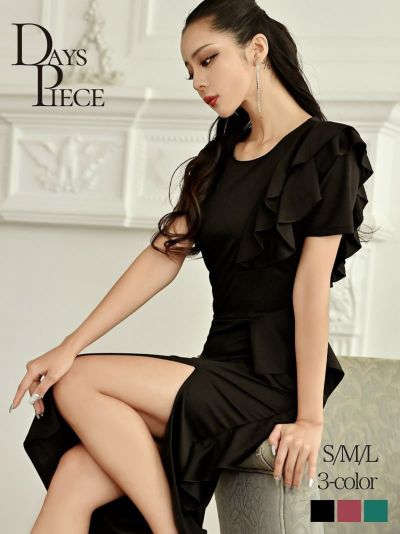 ゾロ目SALE￥8228→￥5555！ 半袖ワンカラーデザインキャバワンピース KANO 着用 キャバドレス【DAYS PIECE】(S/M/L)(ブラック/グリーン/ピンク)