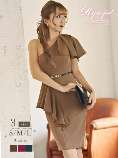 ワンカラーワンショルデザインフリルキャバドレス まぁみ みりちゃむ ゆずは 着用 キャバクラドレス【Ryuyu】(S/M/L)(バーガンディ/モカ/ターコイズ)