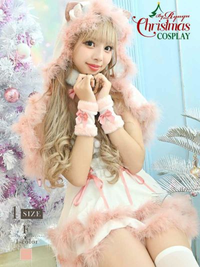 サンタコスプレ ホワイト×ピンクバイカラーキャットギャルサンタコスプレ8点セット あいさ 着用 レディースサンタコスプレ 【Ryuyu】(フリーサイズ)(ホワイトピンク)