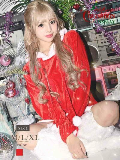 サンタコスプレ ゆるっとシルエット長袖ワンピースギャルサンタコスプレ1点セット あいさ 着用【Ryuyu】(S/M/L/XL)(レッド)