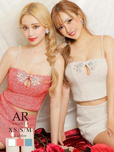 【Angel R/エンジェルアール】ミックスカラーツイード谷間魅せセットアップキャバドレス(XS/S/M)(ホワイト/レッド/ブルー)