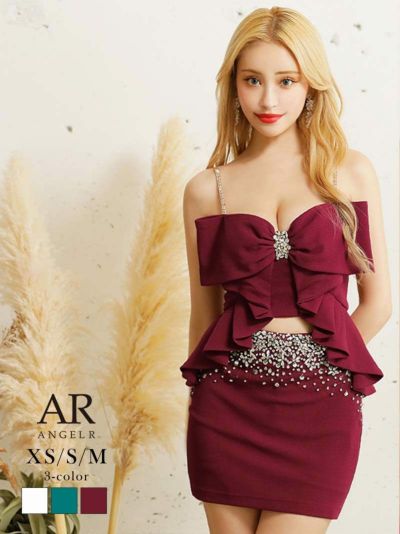 【Angel R/エンジェルアール】ラッピングリボンデザインビジューセットアップキャバドレス(XS/S/M)(ホワイト/ワインレッド/ロイヤルグリーン)