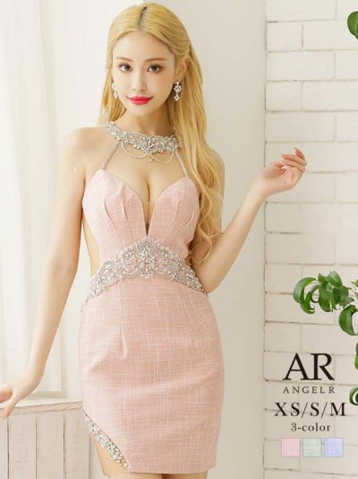 【Angel R/エンジェルアール】カラーツイードホルターネックビジュー谷間魅せキャバドレス(XS/S/M)(レモンブルー/ピンクホワイト/ラベンダーブルー)