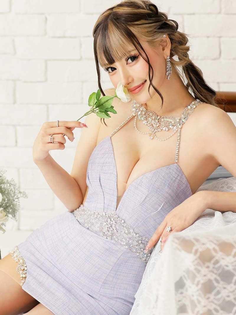 【Angel R/エンジェルアール】カラーツイードホルターネックビジュー谷間魅せキャバドレス