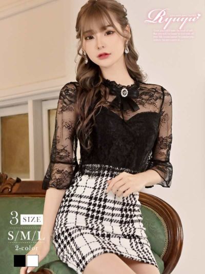 ゾロ目SALE￥7128→￥5555！ シアーレースチェック柄袖つきタイトキャバドレス みみ れいぽよ 着用 ミニドレス【Ryuyu】(S/M/L)(ホワイト/ブラック)
