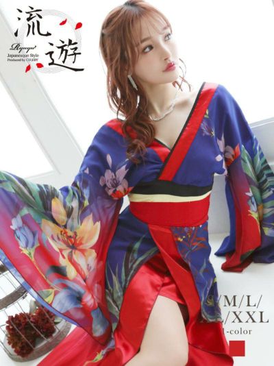 艶やか花柄優美な花魁ドレス【Ryuyu】(S/M/L/XL/XXL)(ネイビー)