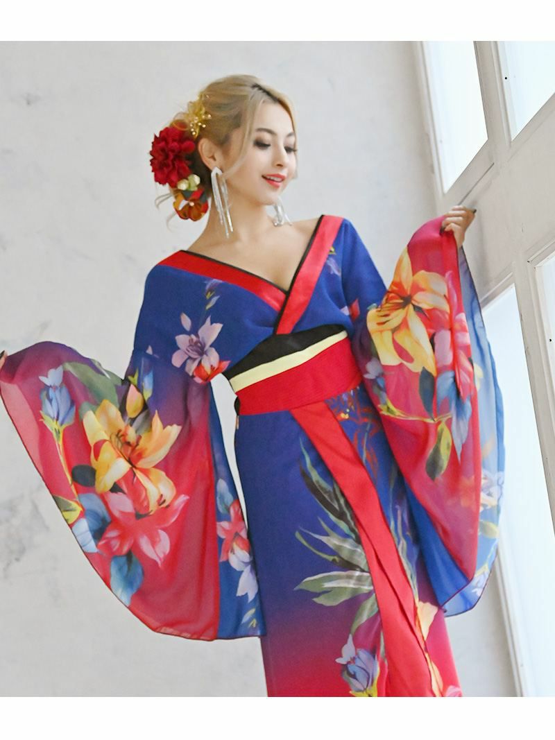 鮮やかグラデーション和華柄シフォン和柄ドレス ゆきぽよ 着用 花魁 