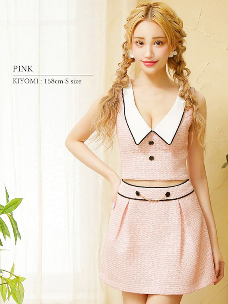 【PURESS/ピュアレス】韓国風デザインツイード谷間見せセットアップドレス