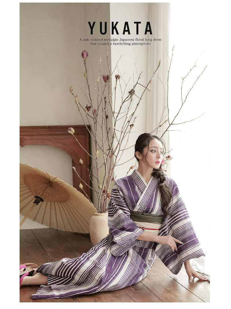 ※予約販売※ストライプデザインモダンな紫カラーの大人レディース浴衣2点セット【Ryuyu/リューユ】