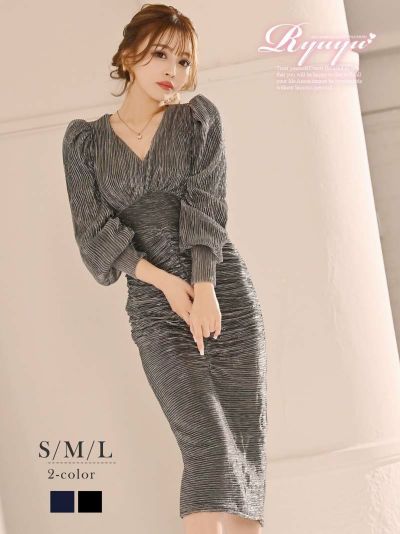 パフスリーブ調ラメデザイン膝丈キャバドレス れいぽよ れいたぴ ミニドレス【Ryuyu】(S/M/L)(ブラック/ブルー)