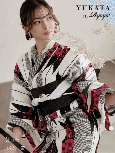 浴衣 大人レトロなモノトーン×ピンクストライプレディース高級浴衣2点セット【Ryuyu】(フリーサイズ)(ホワイトレッド)