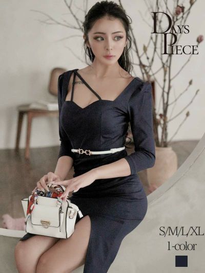 ※一部予約販売※美シルエット袖付きセレブキャバワンピース【DAYS PIECE】(S/M/L/XL)(ネイビー)