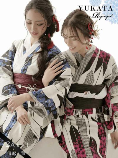 浴衣 cool矢絣(やがすり)柄大人浴衣2点セット  キャバゆかた【Ryuyu】(フリーサイズ)(ホワイトレッド)