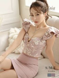 春ドレスSALE￥9810→￥7848！ フロントジップ花柄刺繍オフショルタイトセットアップキャバドレス【Belsia】(S/M/L)(ブルー/ピンク)