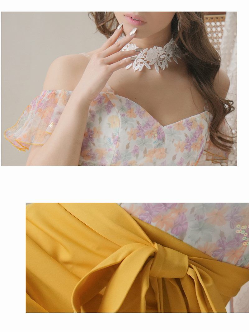 グラデ花柄シフォン切替袖付きミニドレス キャバドレス
