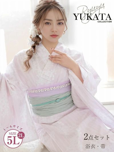 浴衣 パステルピンク小花柄トールサイズレディース浴衣2点セット大きいサイズ【Ryuyu】(2L/3L/4L/5L)(ピンク)