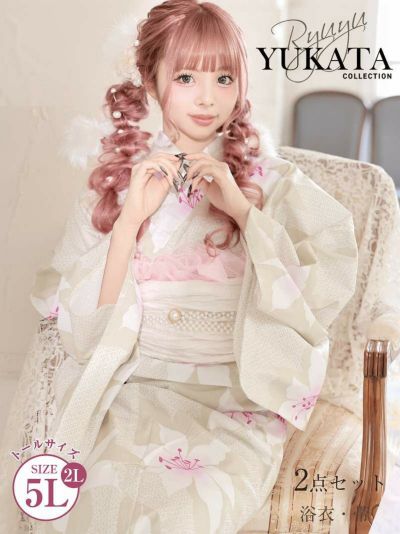 浴衣SALE￥12800→￥8960！ 浴衣 ニュアンスグレーフラワー牡丹柄ギャル浴衣 あいさ 着用 トールサイズレディースゆかた【Ryuyu】(2L/3L/4L/5L)(ベージュ)