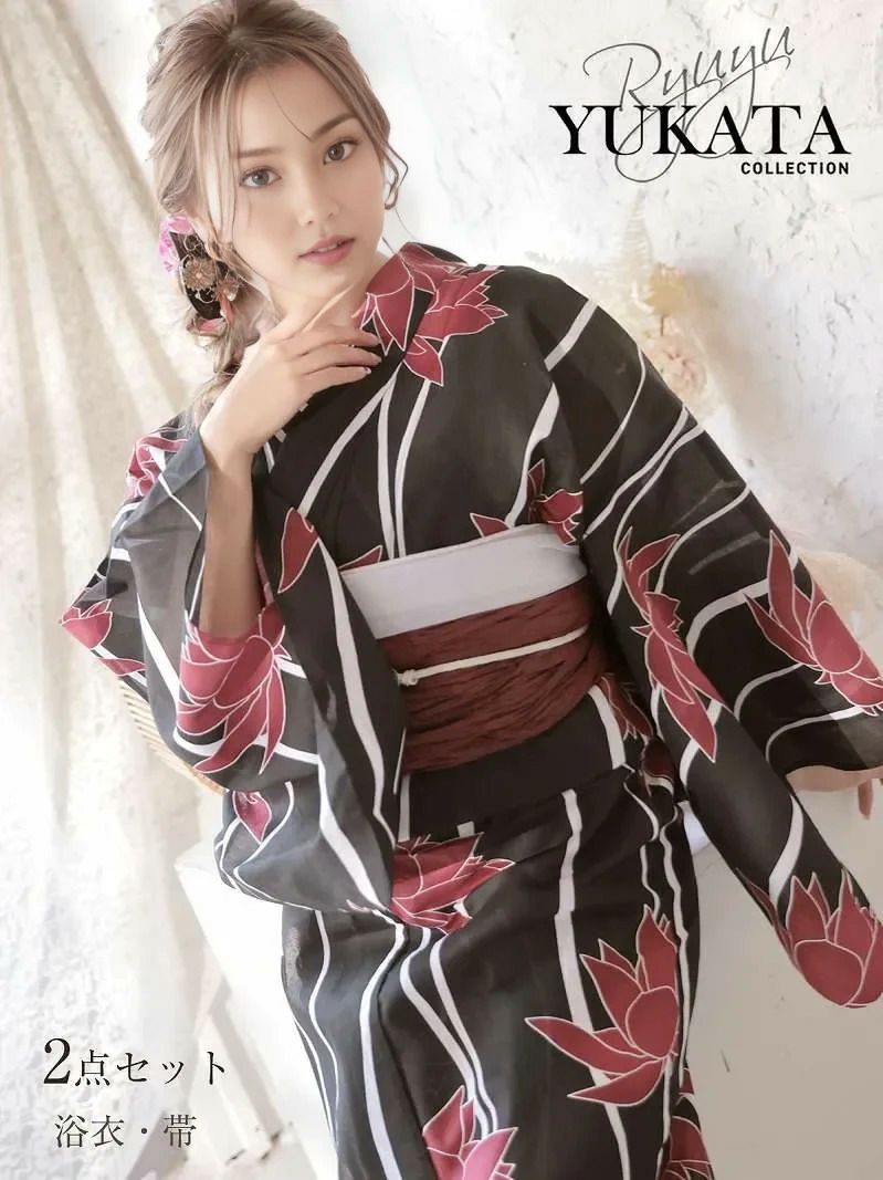 浴衣 色っぽブラック×芍薬柄大人レディースゆかた2点セット【Ryuyu】