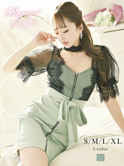 シアーパフ袖付きシャーベットカラーミニドレス みりちゃむ着用キャバドレス【Ryuyu】(S/M/L/XL)(グリーン)【サイズ別SALE!】