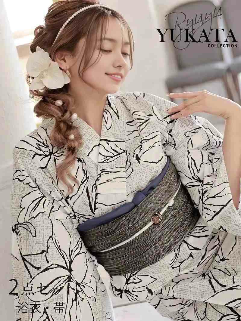 浴衣 大人グレー花柄ラメ帯レディース浴衣 ゆかた2点セット【Ryuyu】