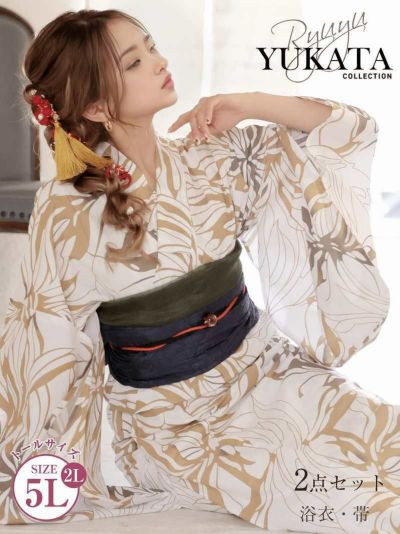 浴衣 ヘルシーフラワー柄大人イエロートールサイズ浴衣2点セット【Ryuyu】(2L/3L/4L/5L)(イエロー)