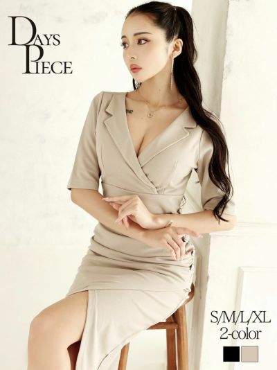 サイドギャザーセレブ韓国カシュクールタイトワンピース【DAYS PIECE】膝丈ワンピース(S/M/L/XL)(ブラック/ベージュ)