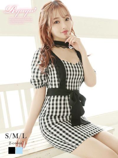 チェク柄ミニドレス チョーカー付きフェミニンキャバクラドレス【Ryuyu】(S/M/L)(ブラック/ブルー)【サイズ別SALE!】