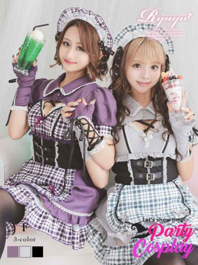 【9月入荷予定】コスプレ ゴシックチェック柄メイドギャルコスプレ あいさ あいみん 着用 レディースコスプレ7点セット【Ryuyu】(フリーサイズ)(グレー/ブラック/パープル)