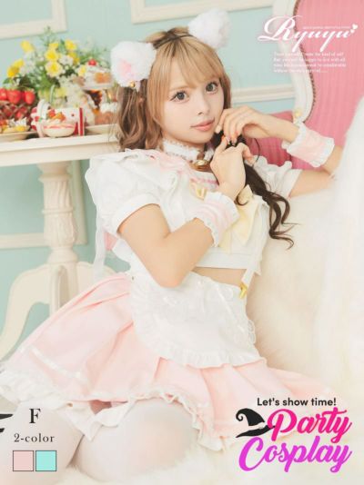 コスプレ ドーリーネコ耳メイド服ギャルコスプレ あいさ あいみん 着用 レディースコスプレ10点セット【Ryuyu】(フリーサイズ)(グリーン/ピンク)