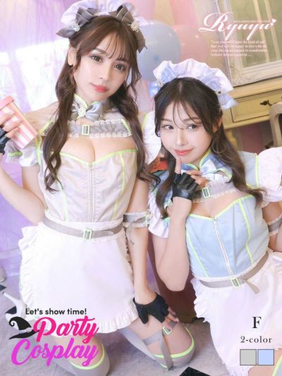コスプレ サイバーデザインビビッドラインメイドコスプレ れいぽよ ゆずは 着用レディースコスプレ8点セット【Ryuyu】(フリーサイズ)(グレー/ブルー)