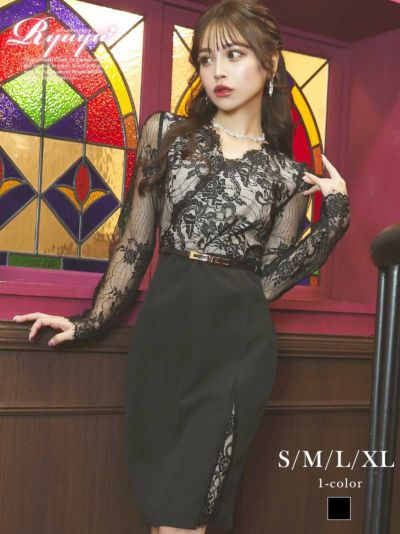 ヌーディーレース長袖キャバドレス れいぽよ 着用 ミニドレス【Ryuyu】(S/M/L/XL)(ブラック)