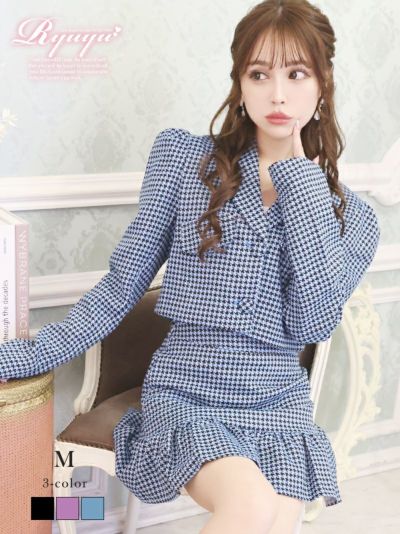 MAX半額SALE￥6980→￥6282！ ツイード韓国風チェック柄キャバスーツ れいぽよ　まぁみ 着用 セットアップ【Ryuyu】(M)(ブラック/ピンク/ブルー)