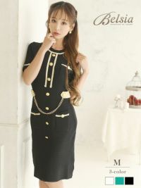膝丈ソフトニットキャバワンピ 武田静加 着用 ゴールドチェーンキャバドレス【Belsia】(M)(アイボリー/ブラック/グリーン)