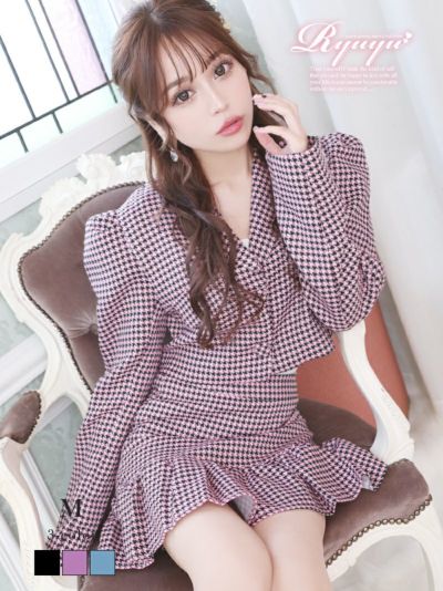 MAX半額SALE￥6980→￥6282！ カラーツイード千鳥柄キャバスーツ れいぽよ まぁみ 着用 セットアップ【Ryuyu】(M)(ブラック/ピンク/ブルー)