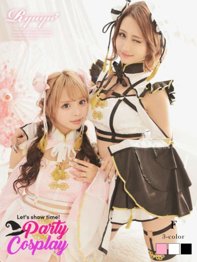 コスプレ チャイナデザインセットアップキョンシーコスプレ あいさ あいみん みりちゃむ着用 ハロウィンコスプレ8点セット【Ryuyu】(フリーサイズ)(ホワイト/ピンク/ブラック)