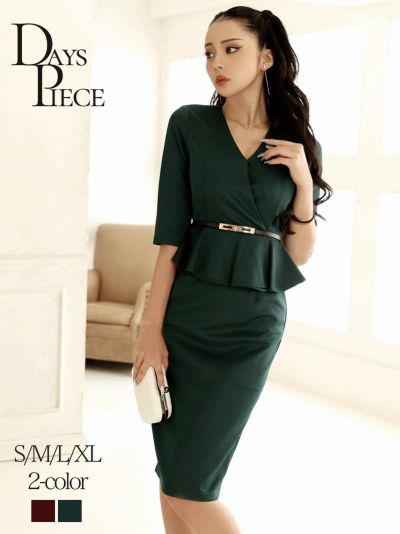 ※一部予約販売※膝丈大人lady袖ありキャバワンピース  KANO 着用 韓国ドレス【DAYS PIECE】(S/M/L/XL)(ワイン/グリーン)